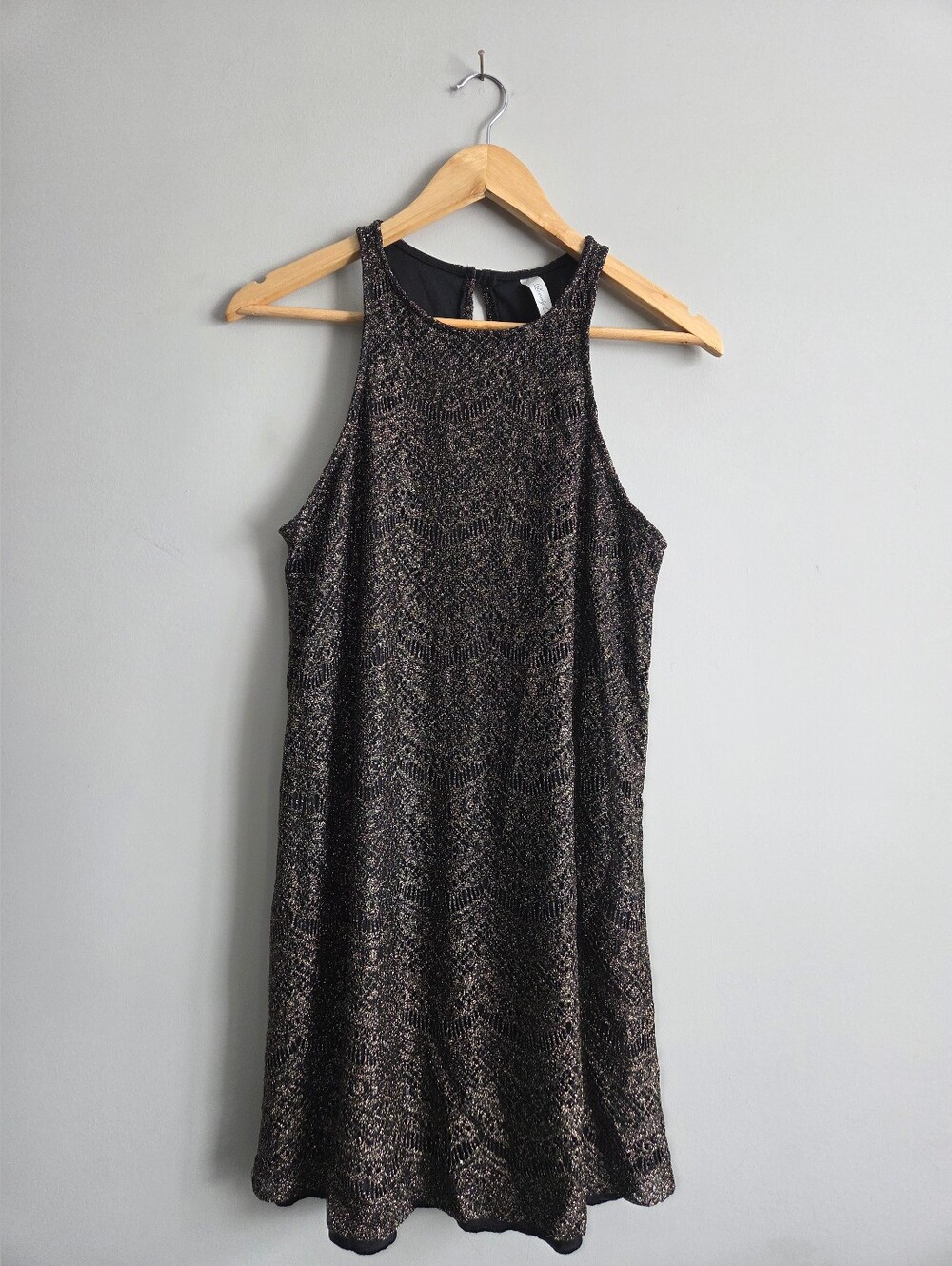 Vintage Glitter Gold A-line Halter Shift Dress Flapper Style Lace Overlay 90s